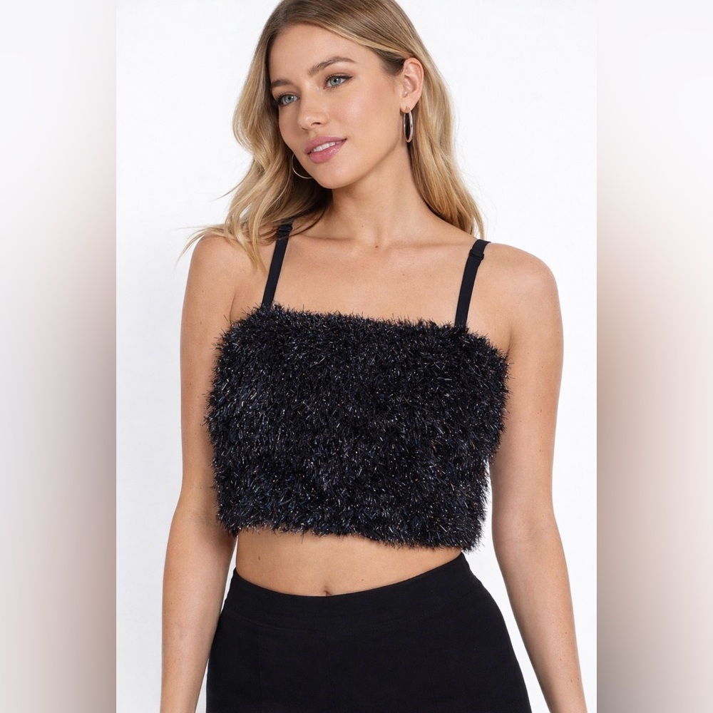 Forever 21 Black Fuzzy Crop Top Y2K Fairy Grunge Club Sparkly Strappy Small